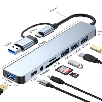 8 in 2 USB +Type C HUB Docking Station with 3.5mm Audio Jack Adapter for Micro SD Card Reader